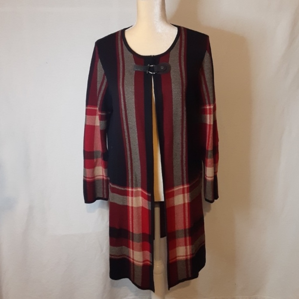 Kasper plaid chest buckle cartigan